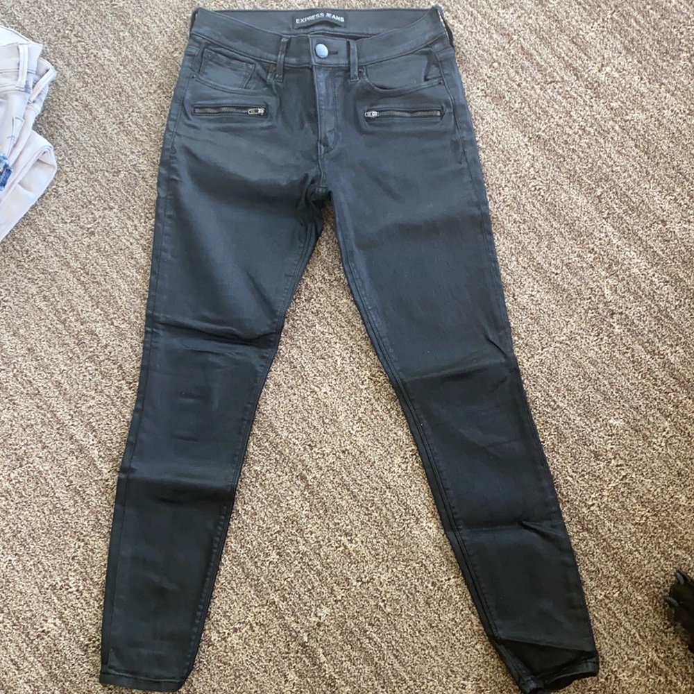 Express mid rise leather jeans